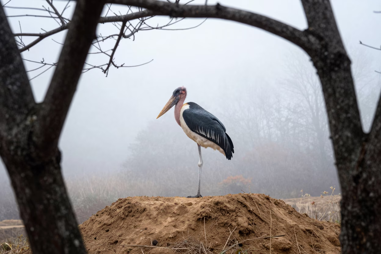 Marabou Stork on Ridge Near Tokyo in Mist in on a wind-scoured ridge near Tokyo