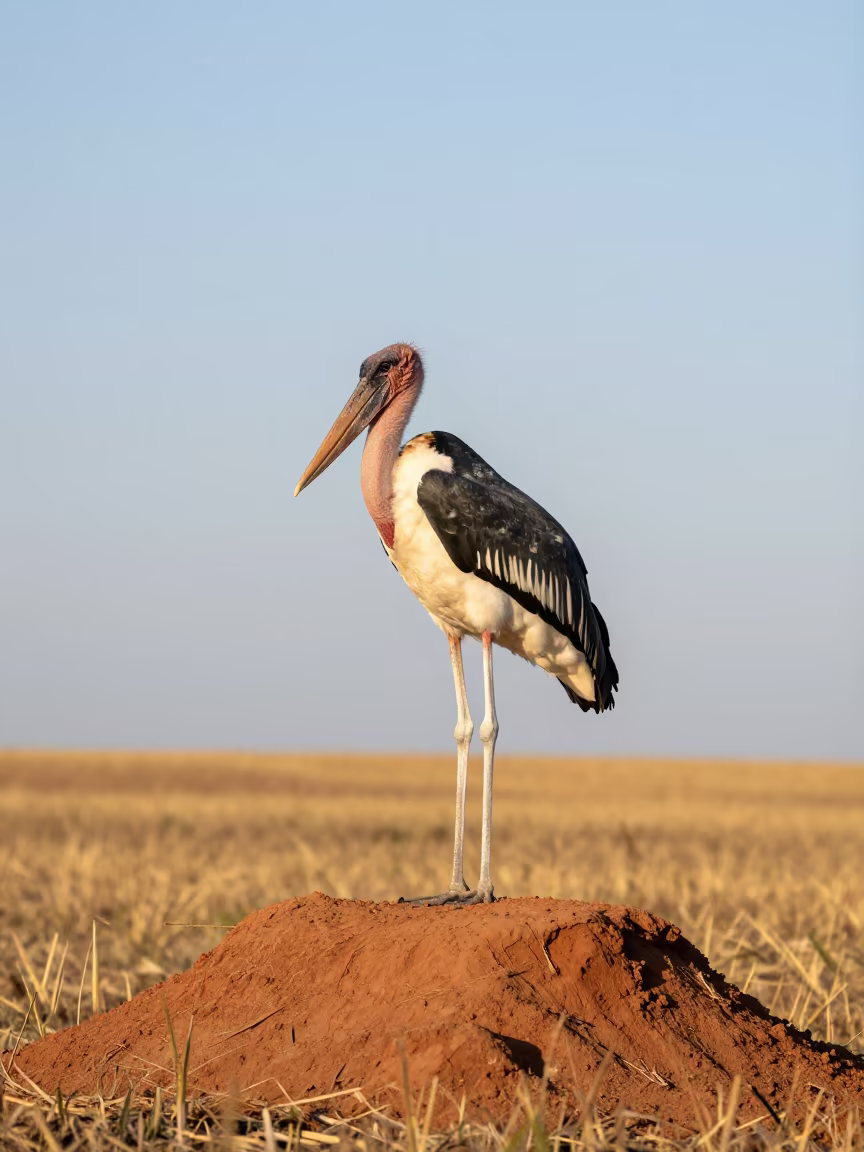 Marabou Stork on Termite Mound After Sunrise in near Plovdiv