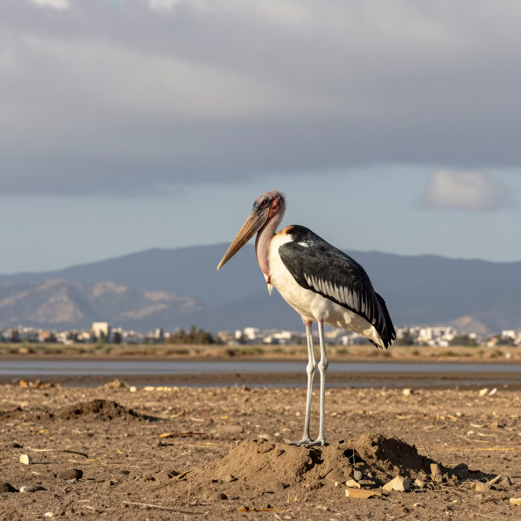 Marabou Stork on Termite Mound Near Athens Tidal Inlet in beside a tidal inlet near Pangrati, Athens