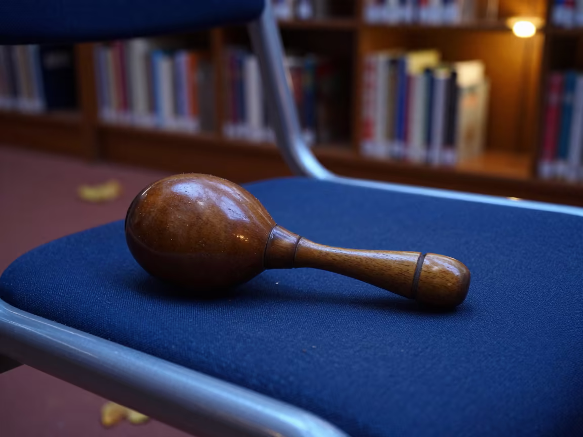 Maraca on Chair in Blue Hour Light in on a dusty library table in Veliko Tarnovo