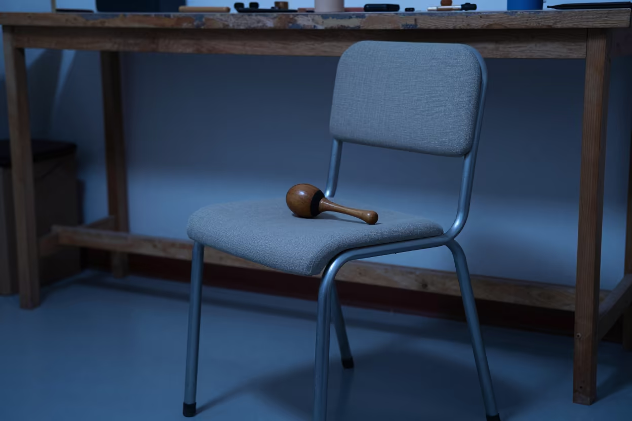 Maraca on Rehearsal Chair Twilight in on a workshop shelf in Encarnacion