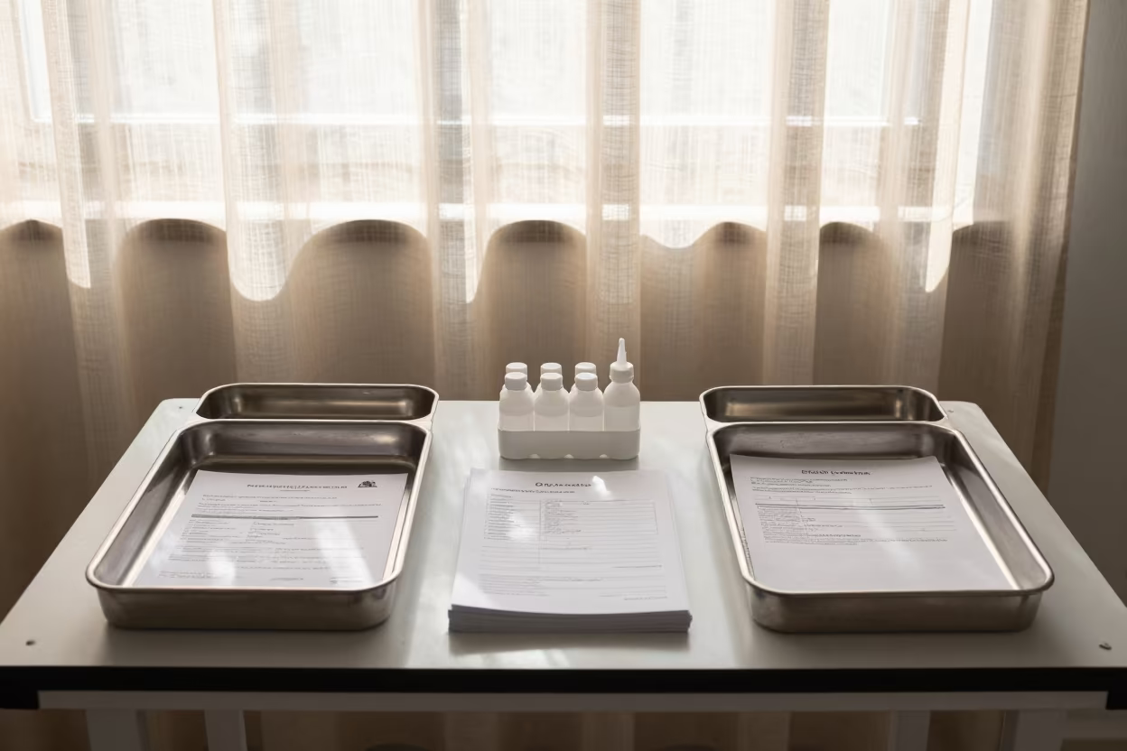 Maracaibo Clinic Sanitizer Tray in Late Afternoon in inside a clinic exam room in Maracaibo