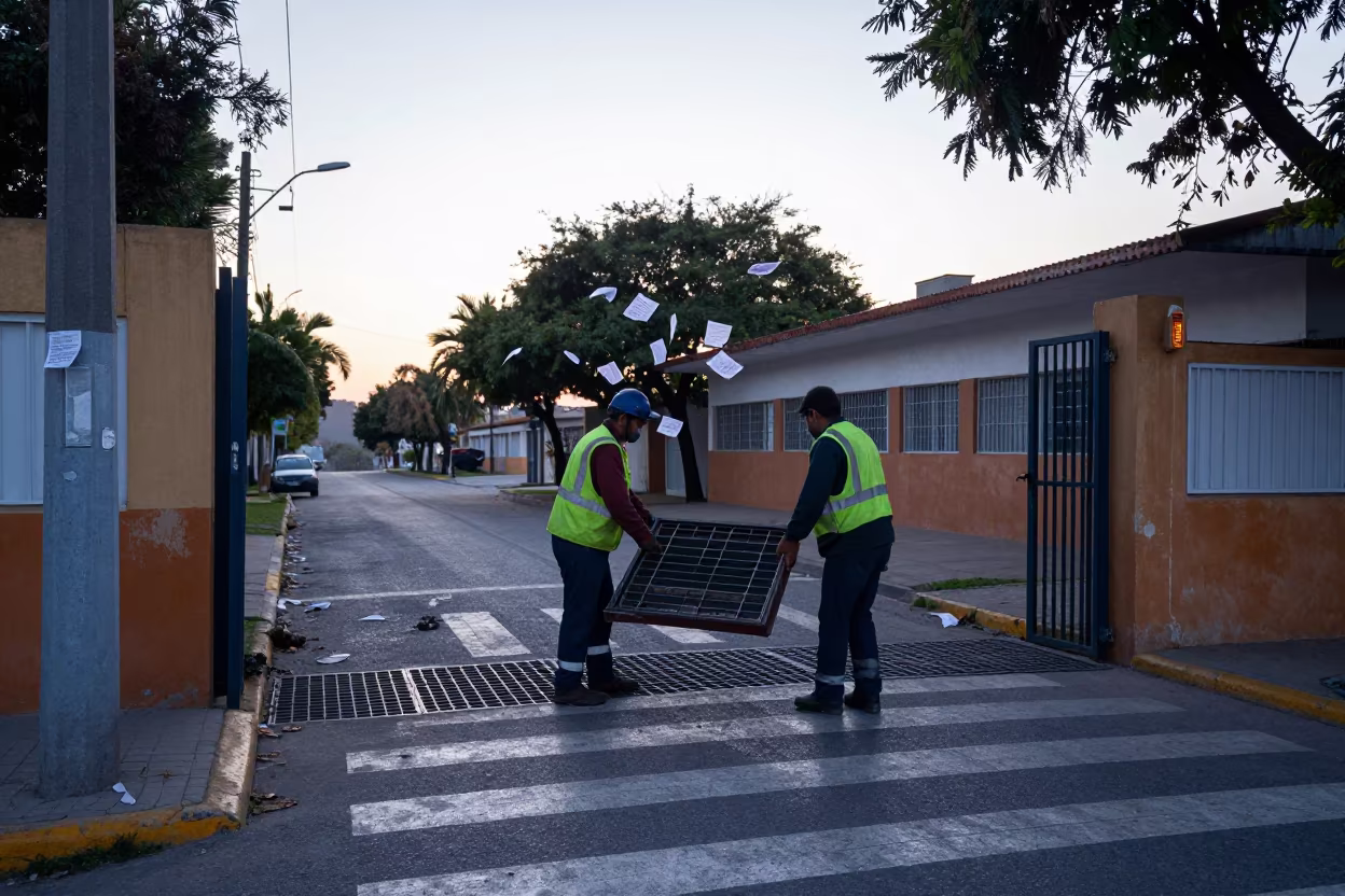 Maracaibo Sanitation Crew Lifts Storm Grate at Dawn in at a crosswalk by a school gate in Maracaibo