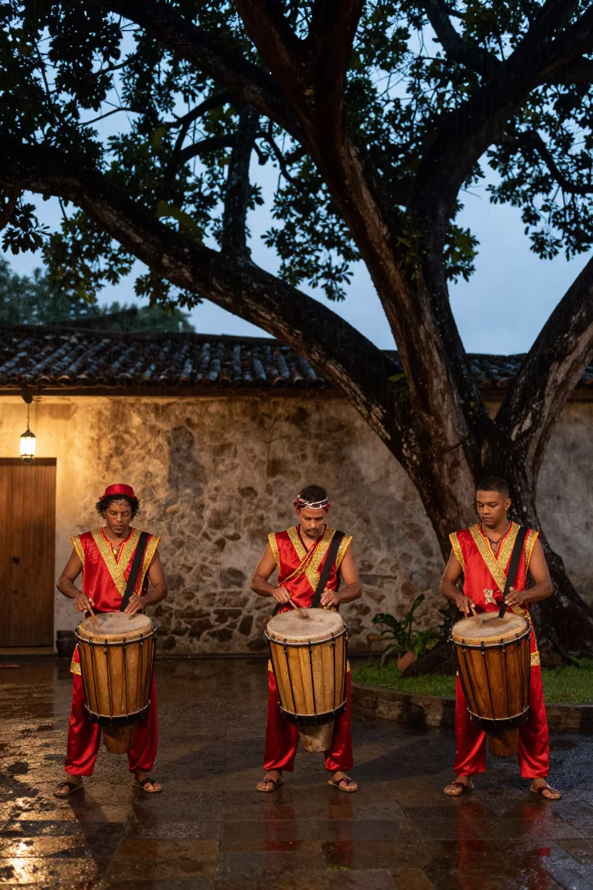 Maracatu Drummers in Recife Shrine Twilight in in a shrine lined with lanterns near Recife