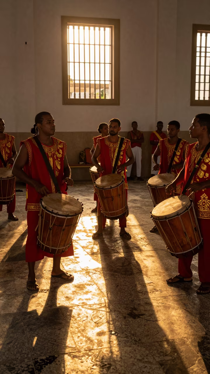 Maracatu Drummers in Recife Sunset Ceremony in in a ceremonial hall in Recife