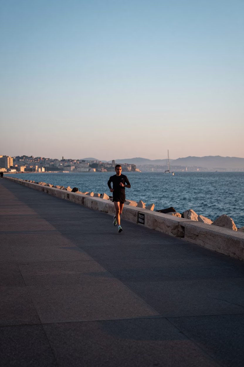 Marathon Runner at Dawn Near Marseille Coastal Breakwater with Warning Beacons in in Marseille, France