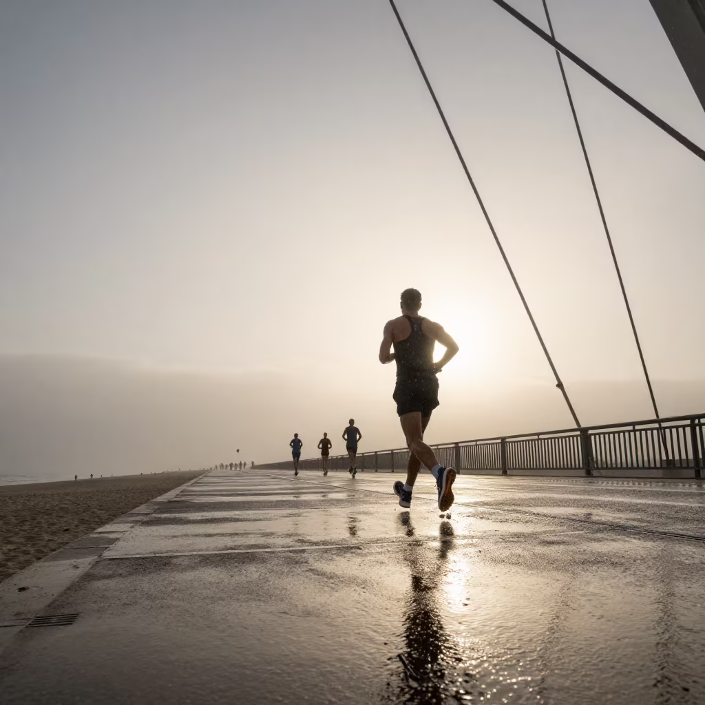 Marathon Runner Crossing Bridge at Dawn in along a beach near Charlottenburg, Berlin