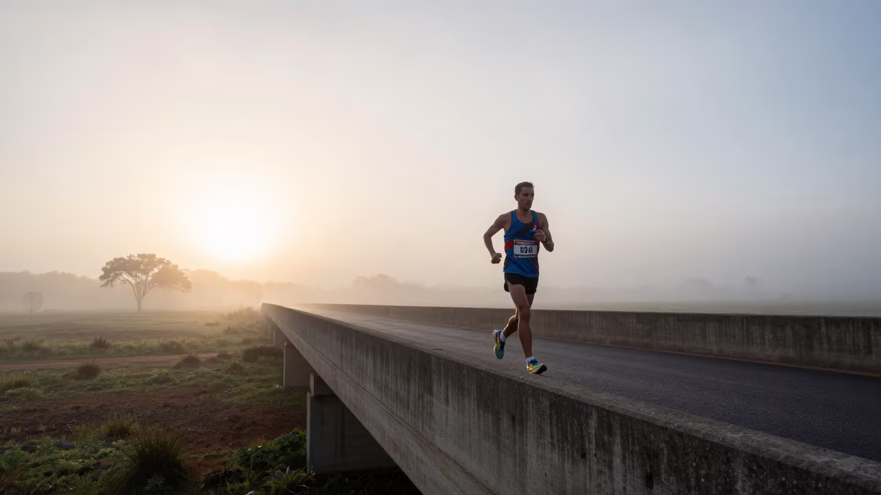 Marathon Runner Crossing Bridge at Dawn Mist in near open fields near Pretoria