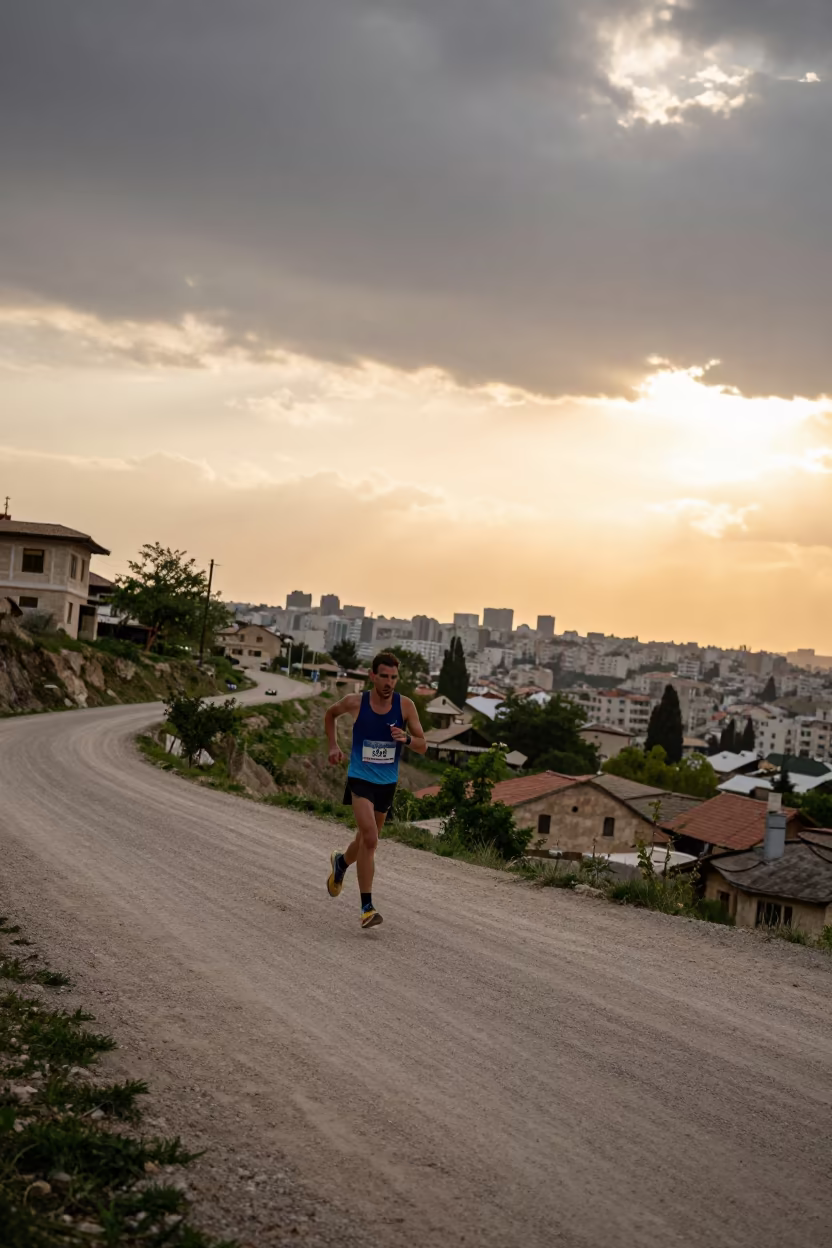 Marathon Runner Cresting Hill Gaziantep in in a village lane near Gaziantep