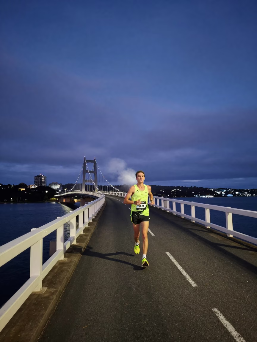 Marathon Runner Crossing Bridge at Nautical Dawn in Hobart Tasmania in in Hobart, Tasmania, Australia