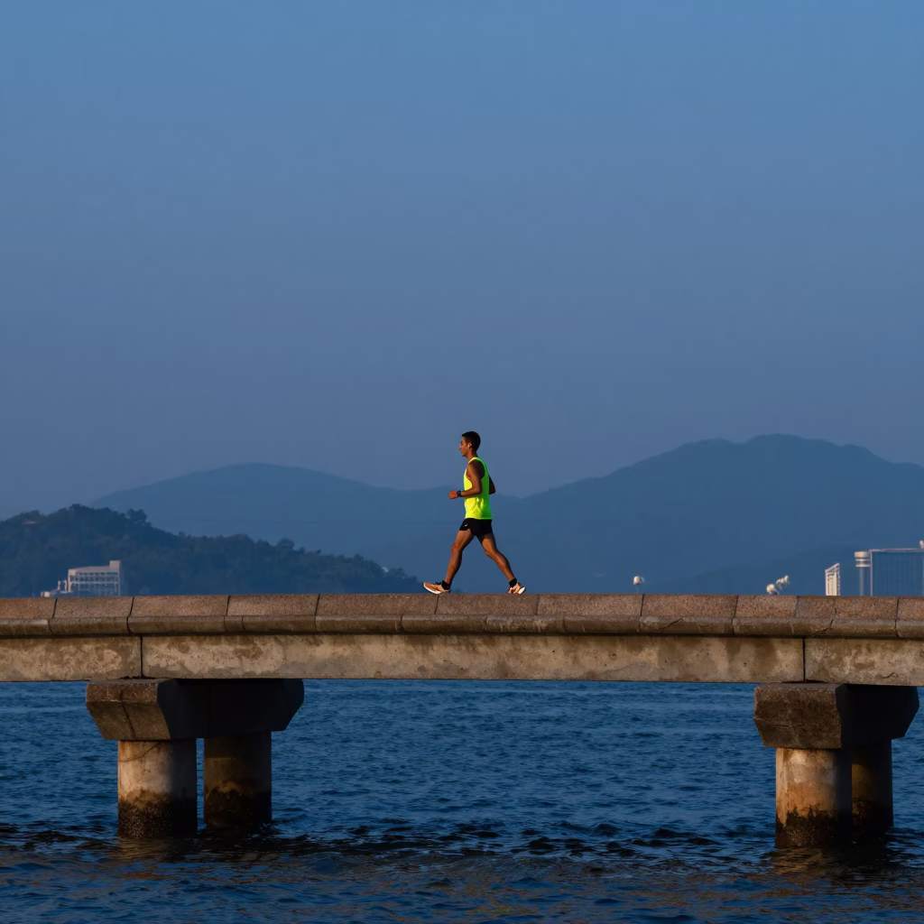 Marathon Runner Crossing Stone Cutters Bridge at Nautical Dawn in Hong Kong in in Hong Kong, Hong Kong