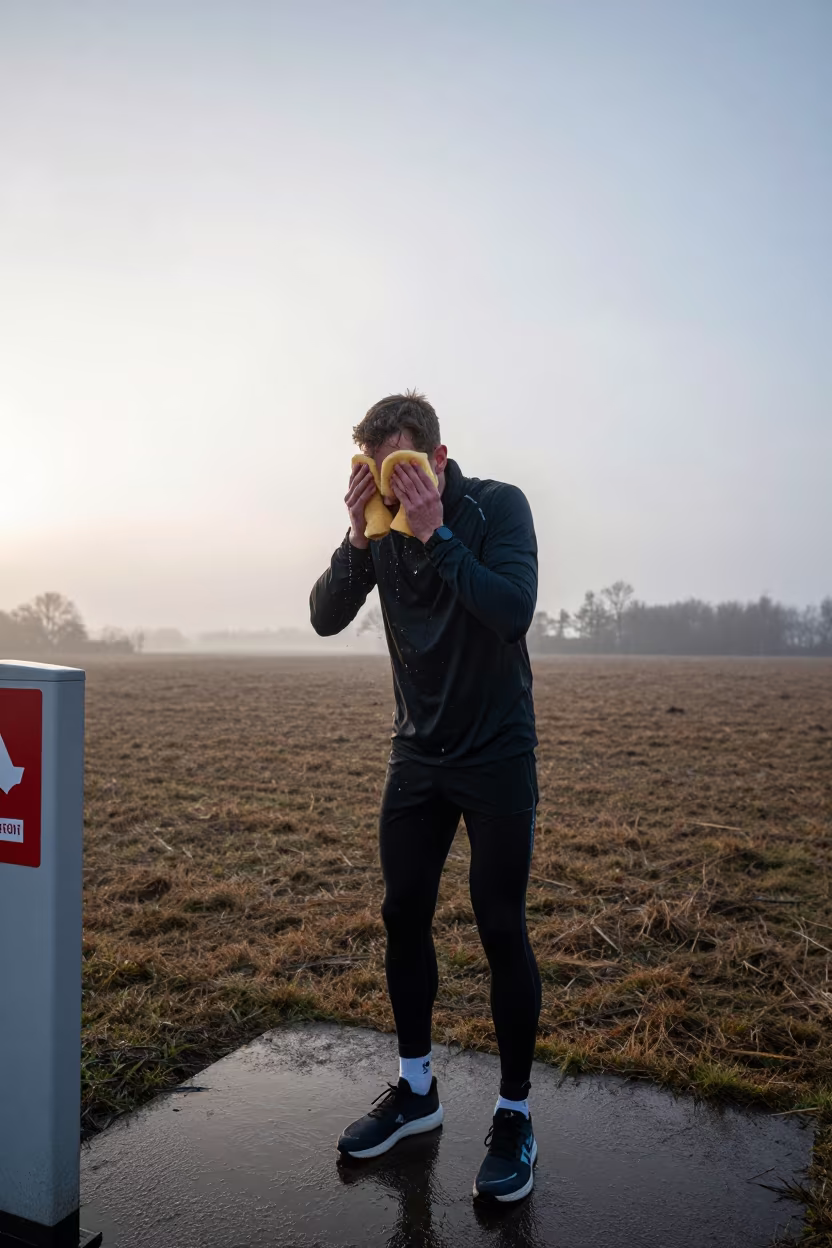 Marathon Runner Douses Face with Water Sponge in near open fields near Hamburg