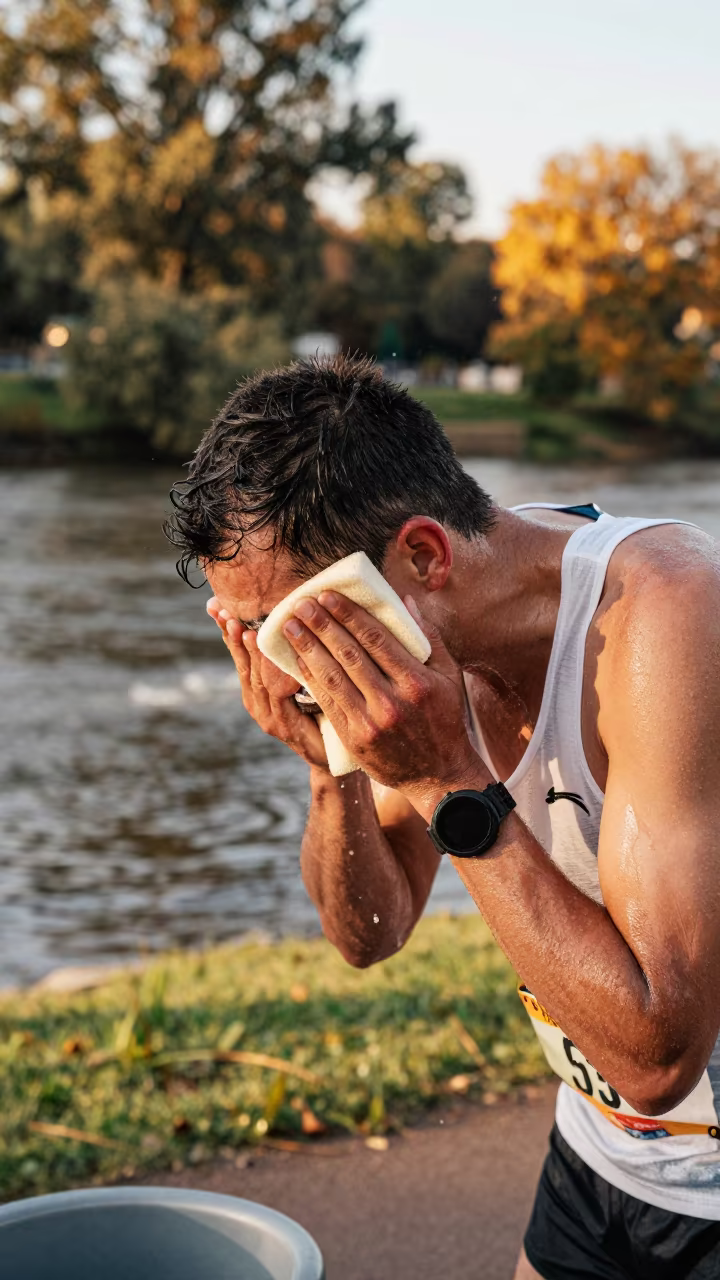 Marathon Runner Douses Thirst at Riverbank in by a riverbank near Newtown, Johannesburg