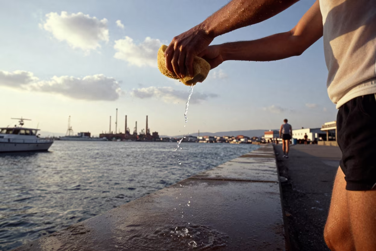 Marathon Runner Douses Water at Konya Harbor Quay in at a harbor quay near Konya