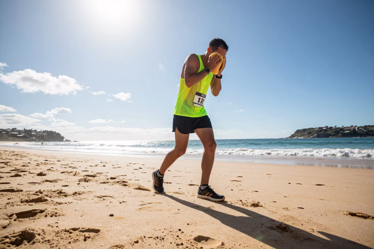 Marathon Runner Douses Water Sponge Sydney Beach Noon in along a beach near Sydney