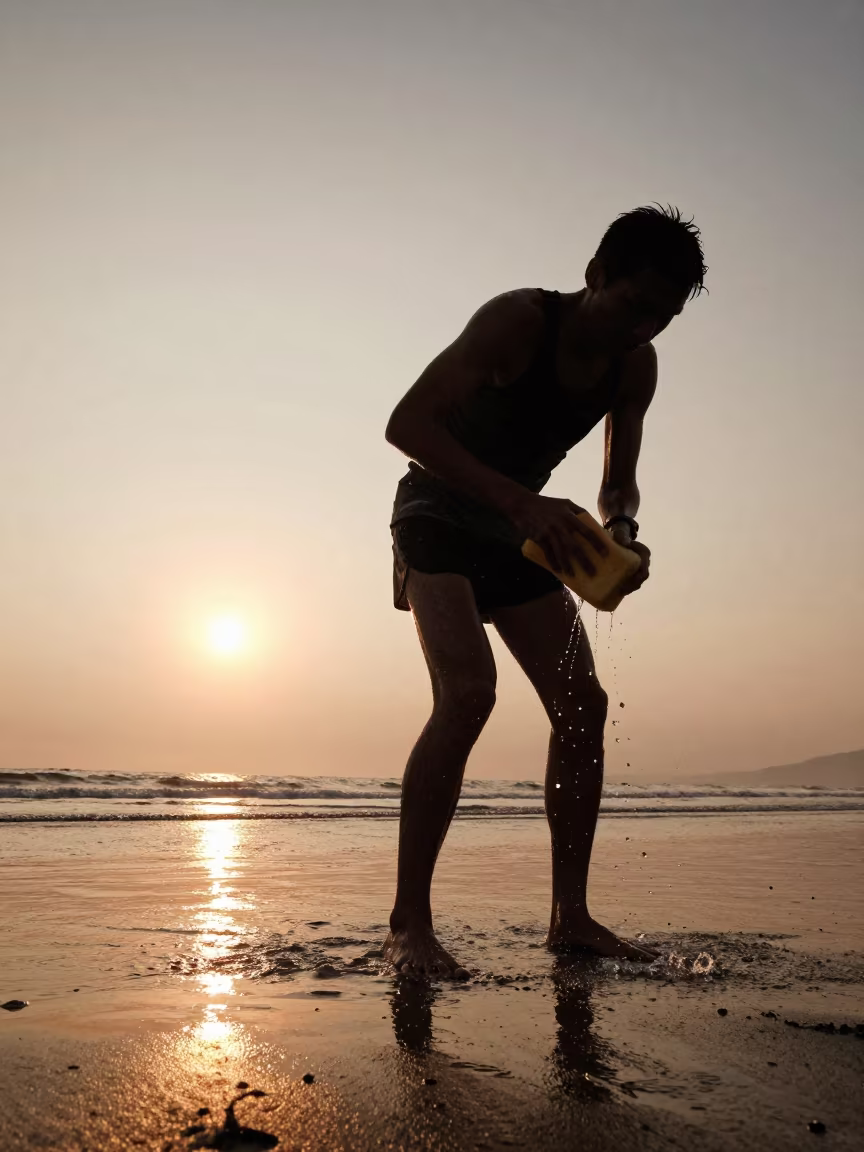 Marathon Runner Dousing Water on Beach at Sunset in along a beach near Rangpur