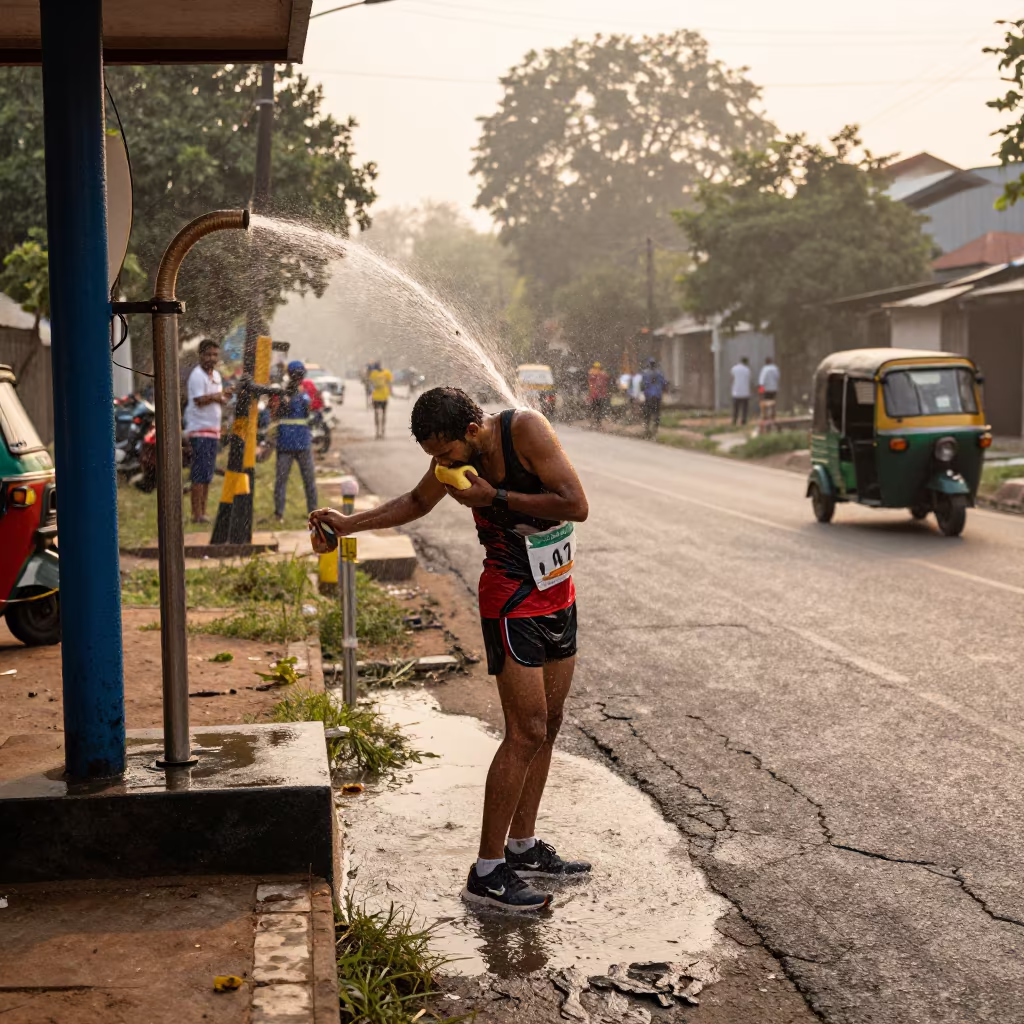 Marathon Runner Dousing Water at Delhi Station in in a village lane near Karol Bagh, Delhi