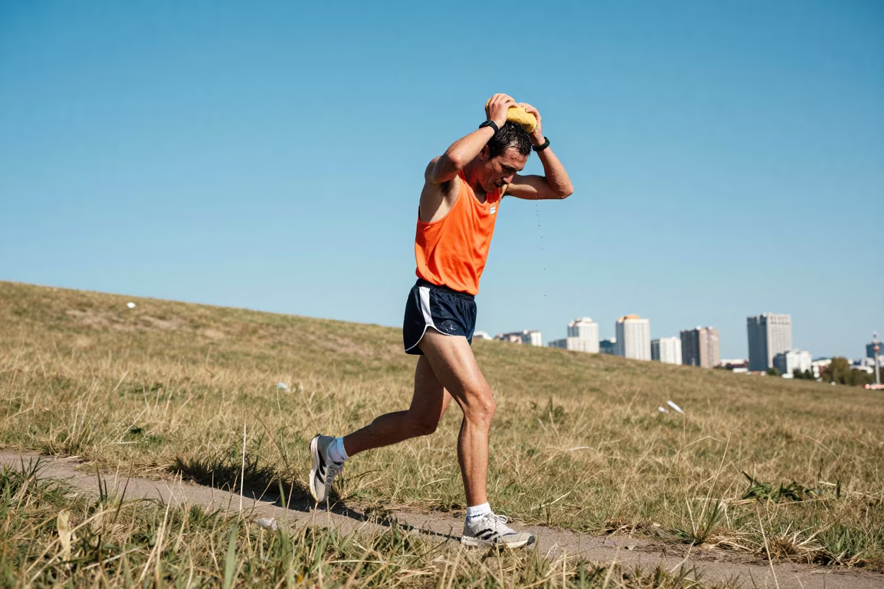 Marathon Runner Dousing Water on Hillside in on a hillside near Astana
