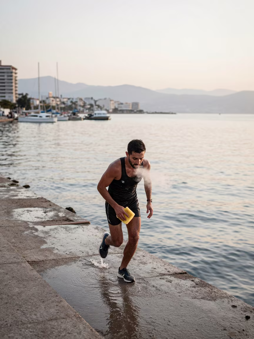 Marathon Runner Dousing Water at Latakia Quay in at a harbor quay near Latakia