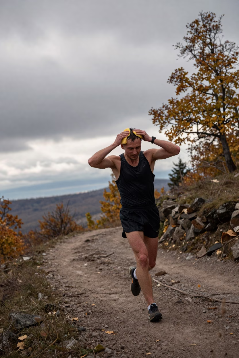Marathon Runner Dousing Water Mountain Path Novosibirsk in on a mountain path near Novosibirsk