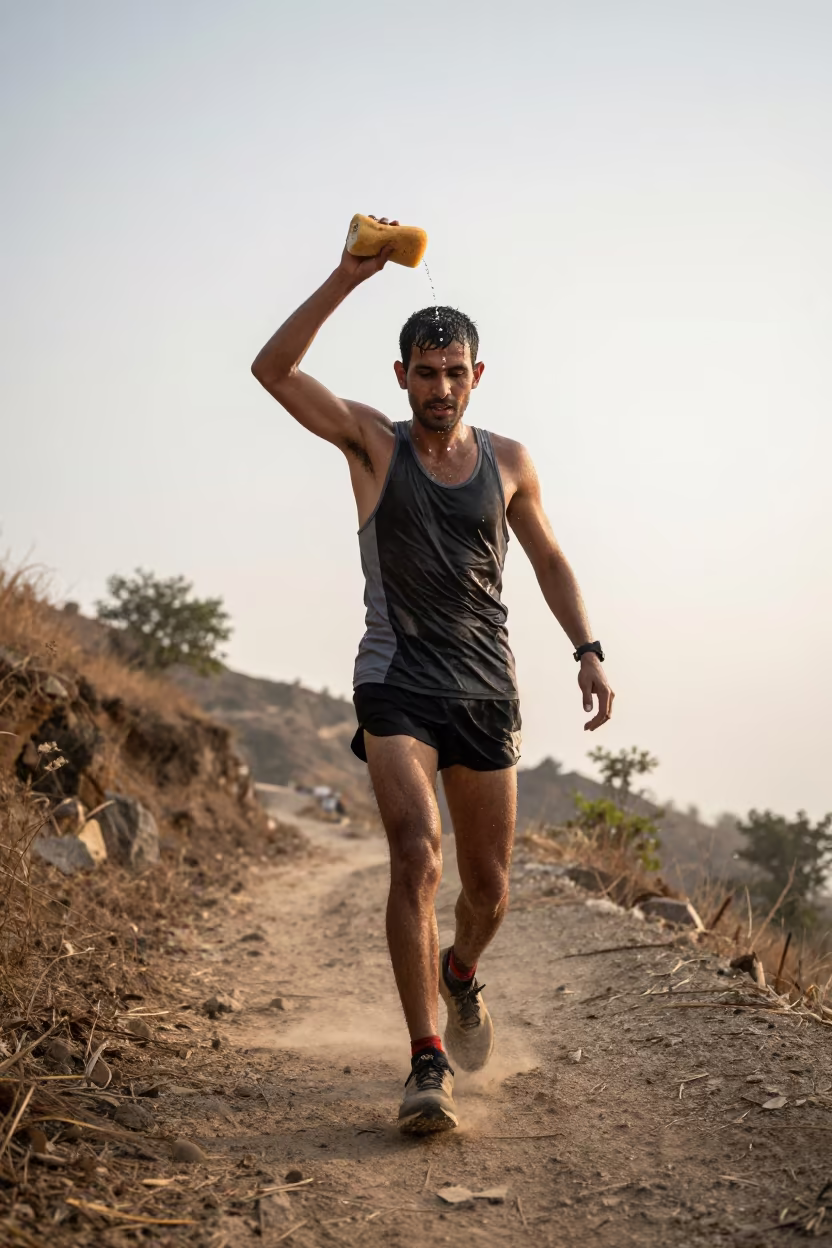 Marathon Runner Dousing Water on Mountain Path in on a mountain path near Prayagraj
