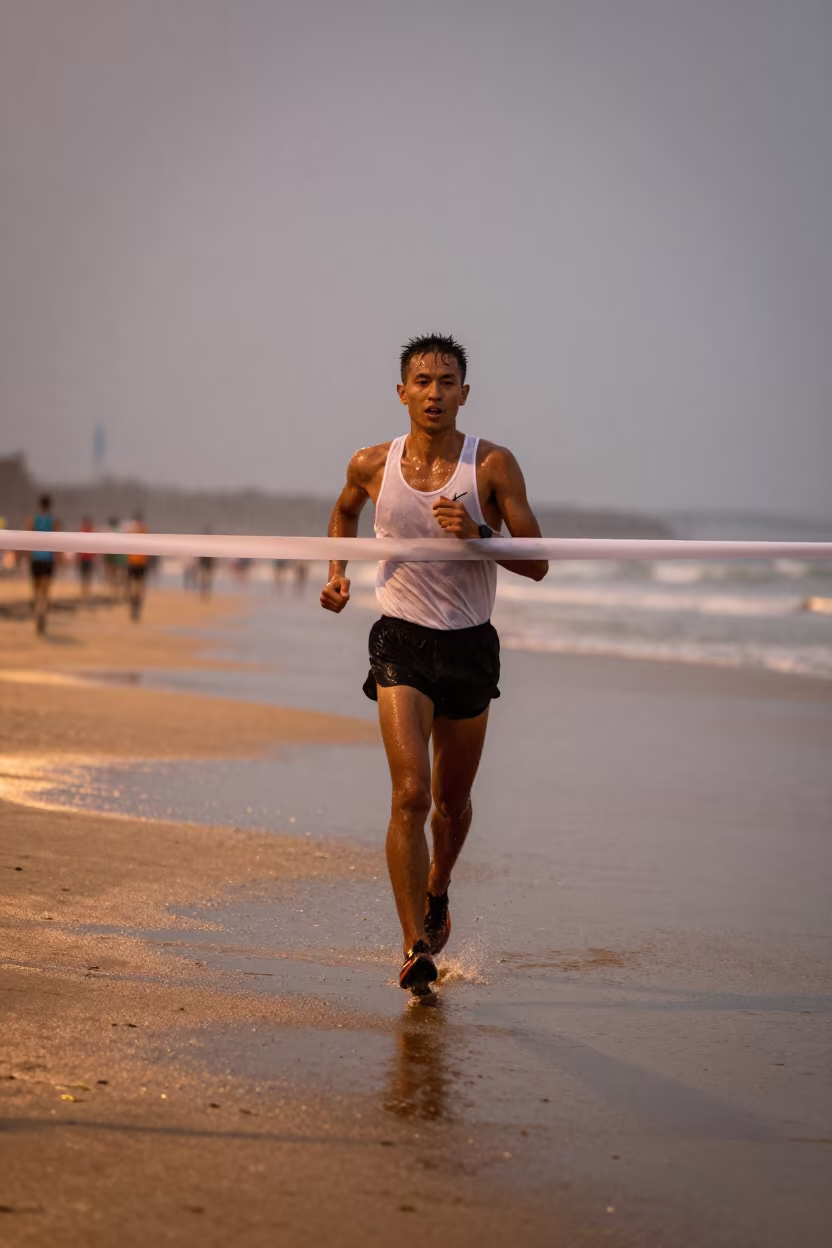 Marathon Runner Crosses Finish Line Beach in along a beach near Nanjing