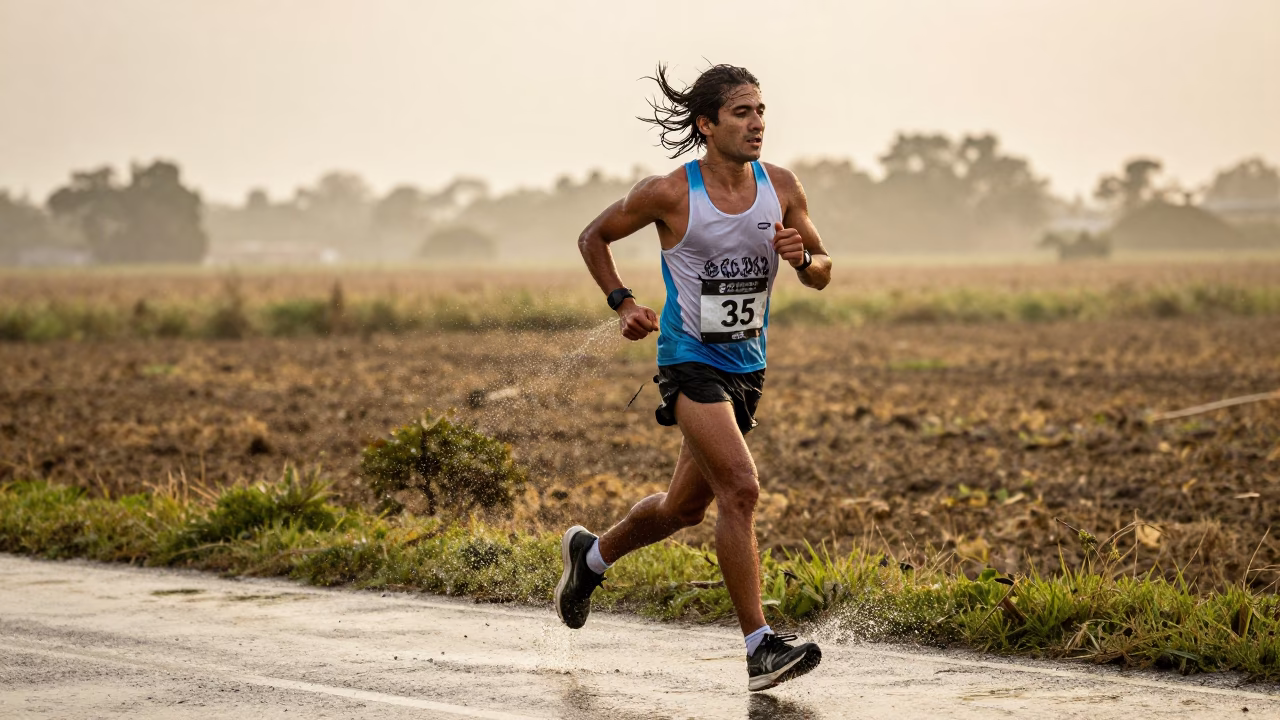 Marathon Runner Hitting Wall in Golden Monsoon Light in near open fields near Puebla