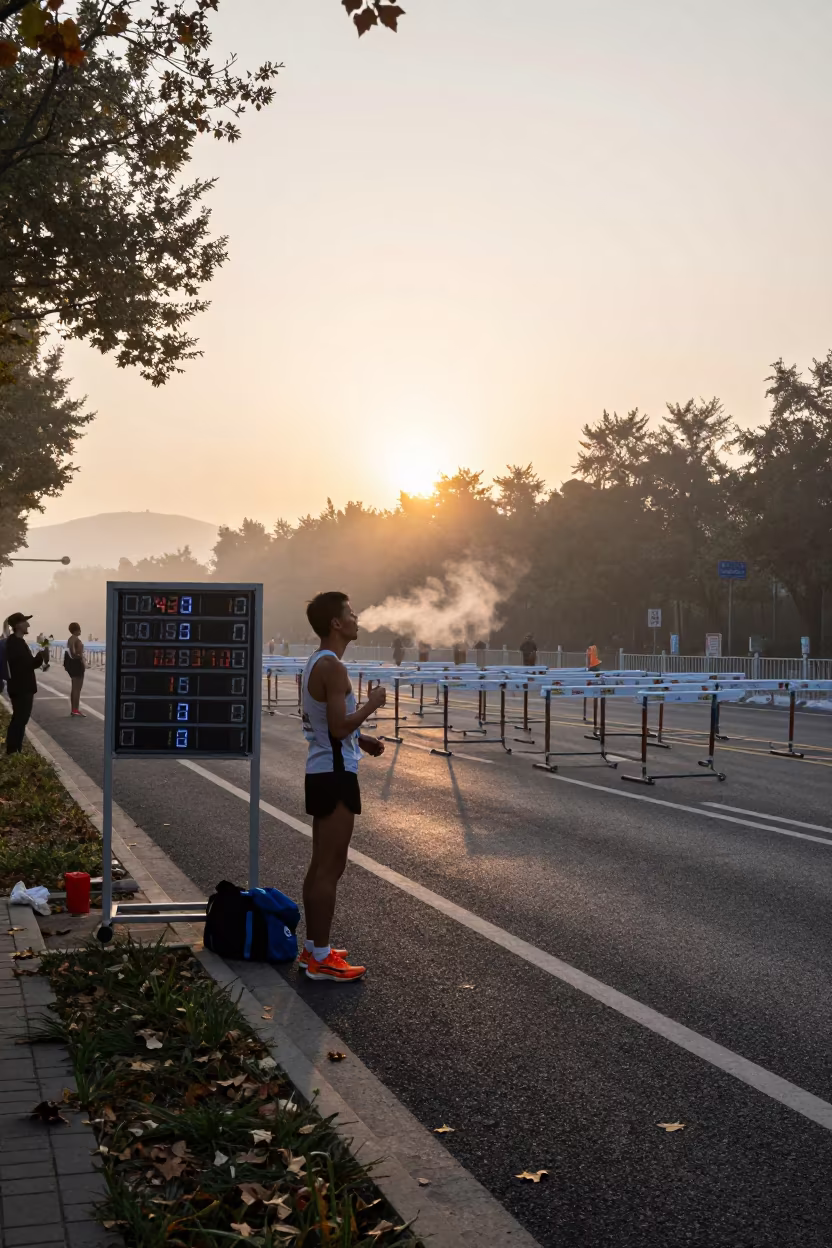 Marathon Runner in Mist at Beijing Dawn in at a roadside stop near Beijing
