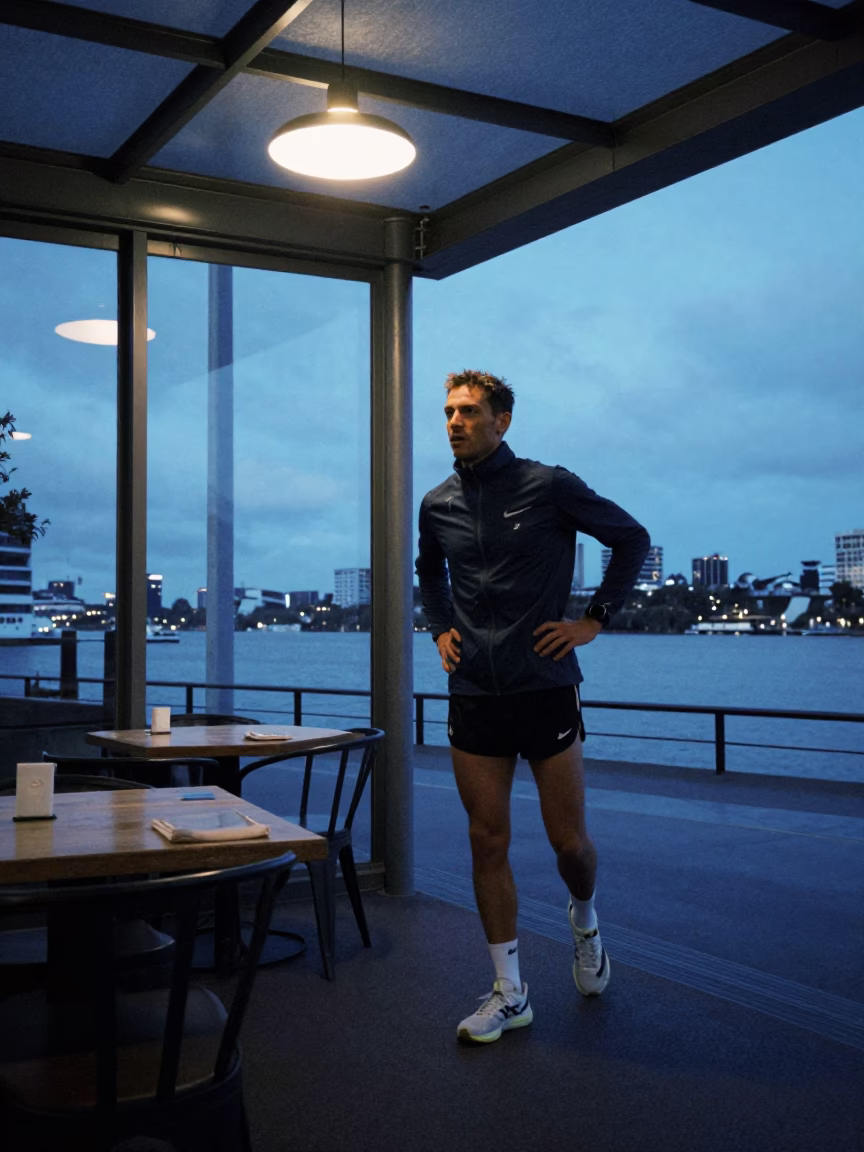 Marathon Runner in Perth Cafe Twilight in in a cafe in Perth