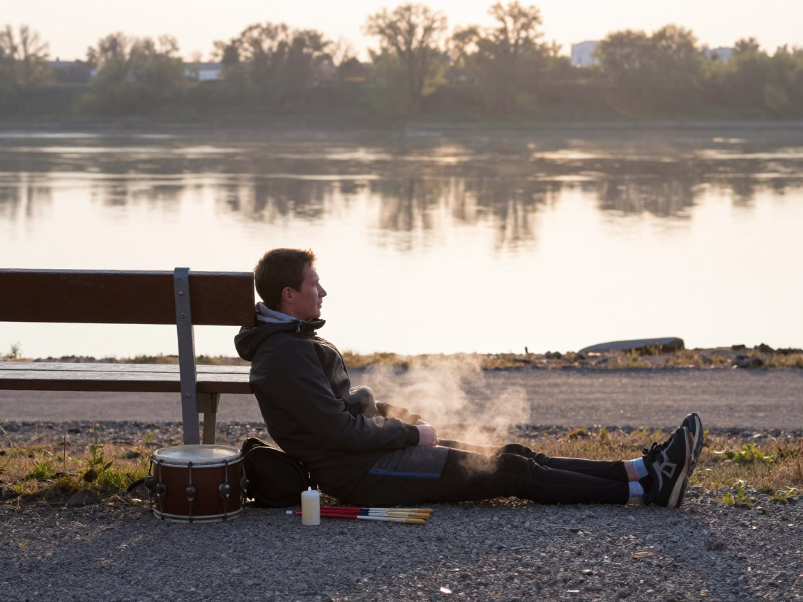 Marathon Runner Resting at Semey Riverbank After Sunrise in in Semey