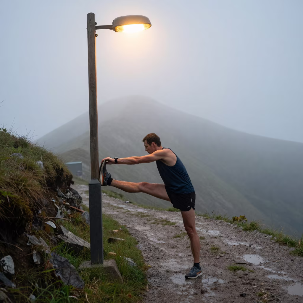 Marathon Runner Stretching Under Streetlamp at Dawn in on a mountain path near Adzopé