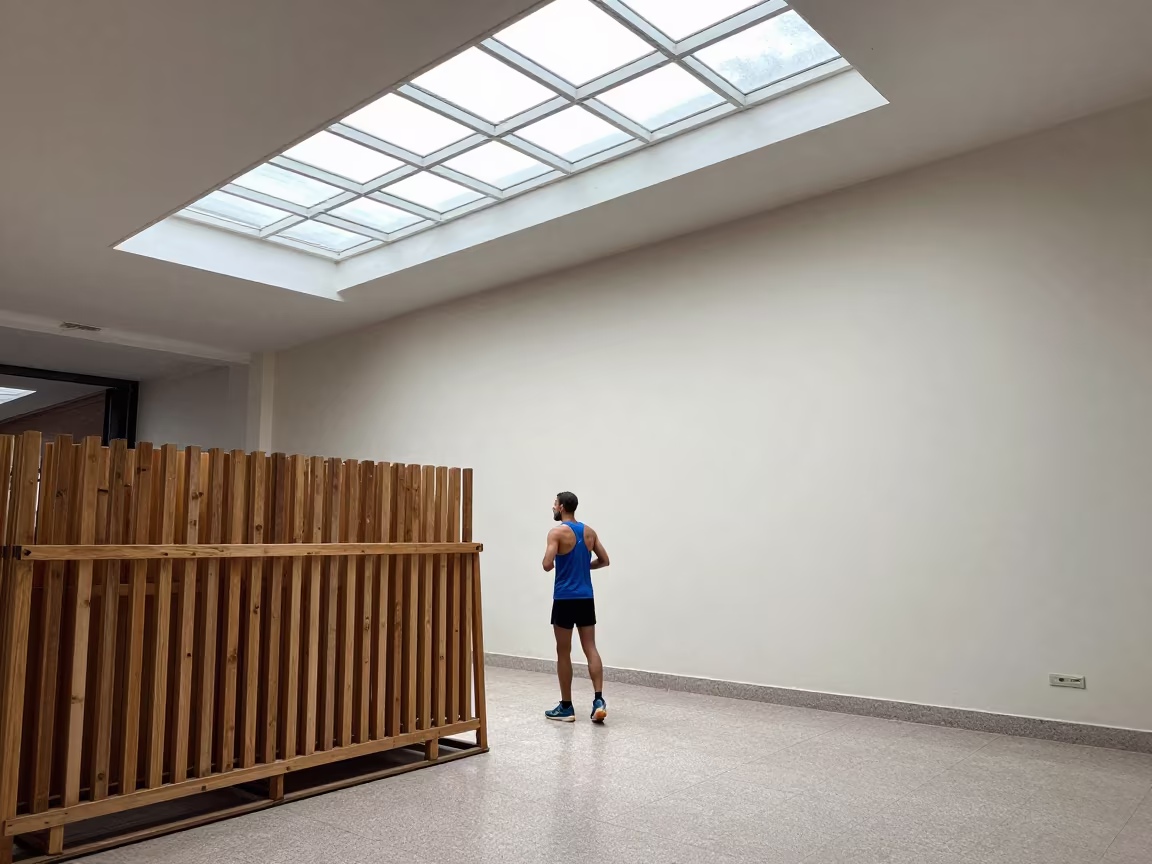Marathon Runner Under Skylight Before Race Start in in a market hall in Nevşehir