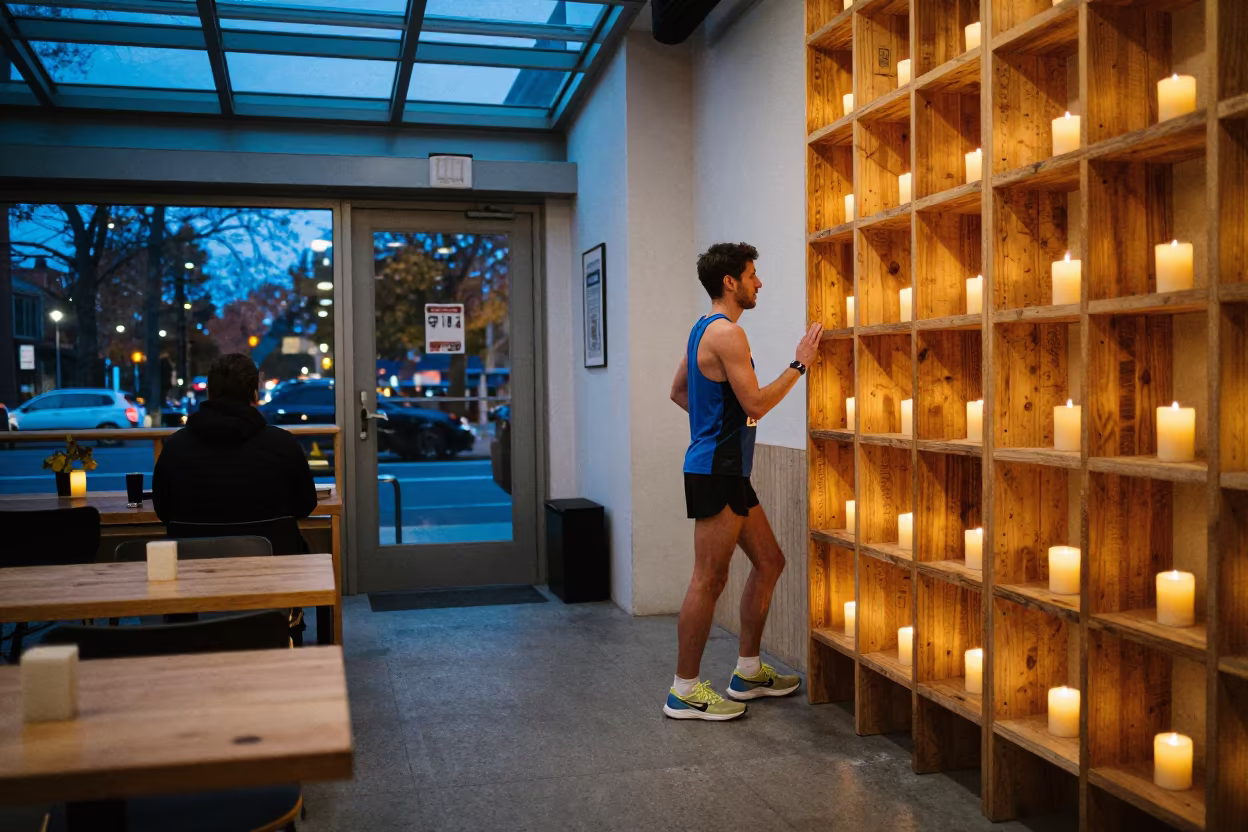 Marathon Runner Under Skylight Before Race in in a cafe in East Nashville, Nashville