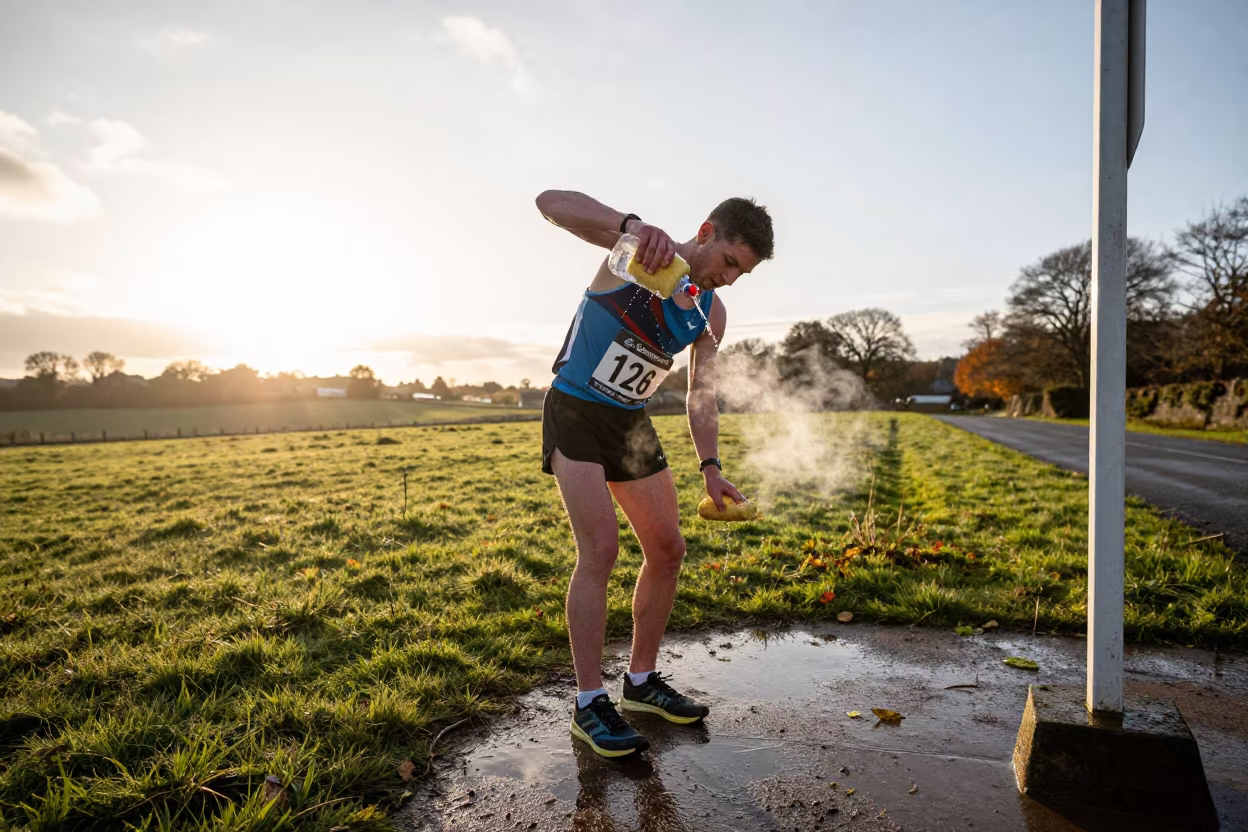Marathon Runner Watering Station Sunset Glasgow in near open fields near Glasgow