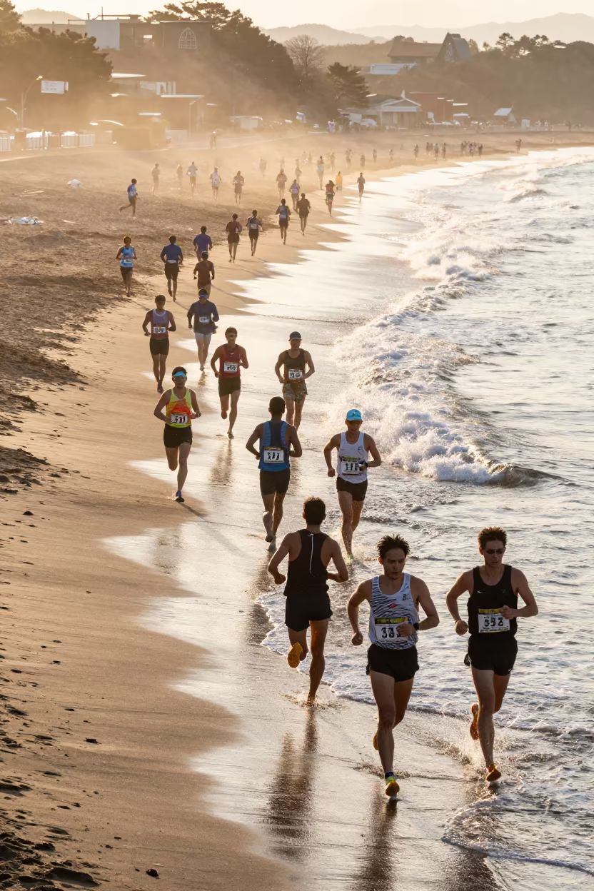 Marathon runners dawn Chiba beach sunrise dust in along a beach near Chiba
