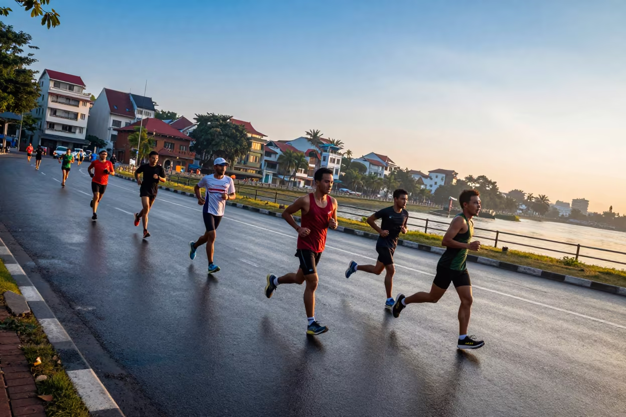 Marathon Runners Dawn Light Hanoi Riverbank in by a riverbank near Hanoi