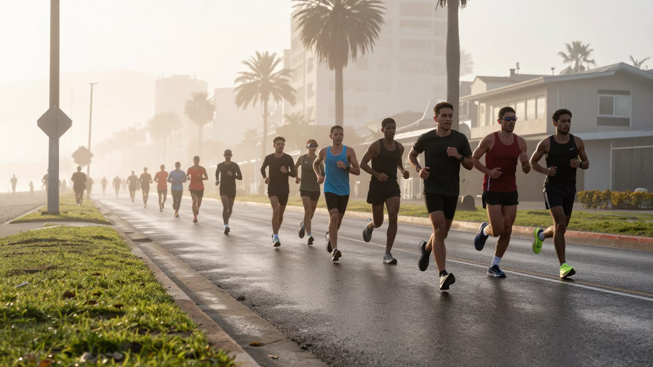 Marathon Runners Dawn Mist Beach Avenue in along a beach near Montero