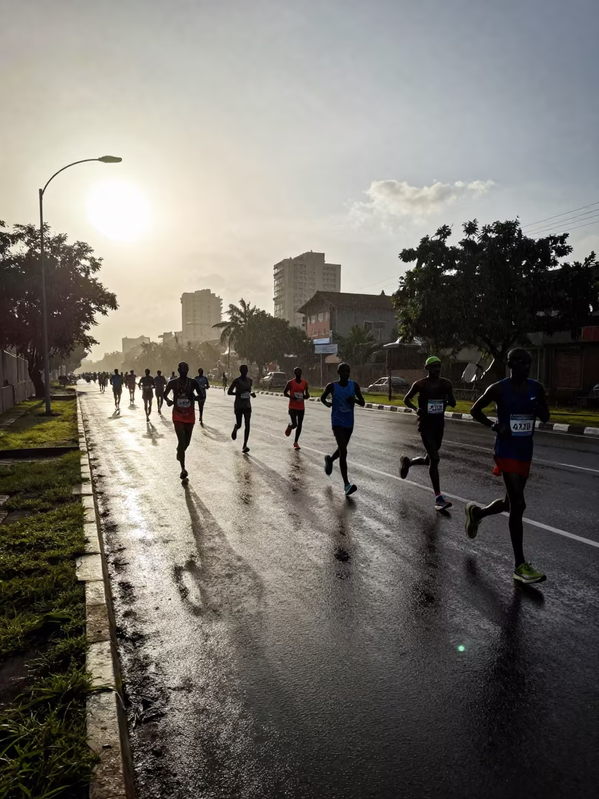 Marathon runners dawn shadow Khartoum hill in on a hillside near Khartoum