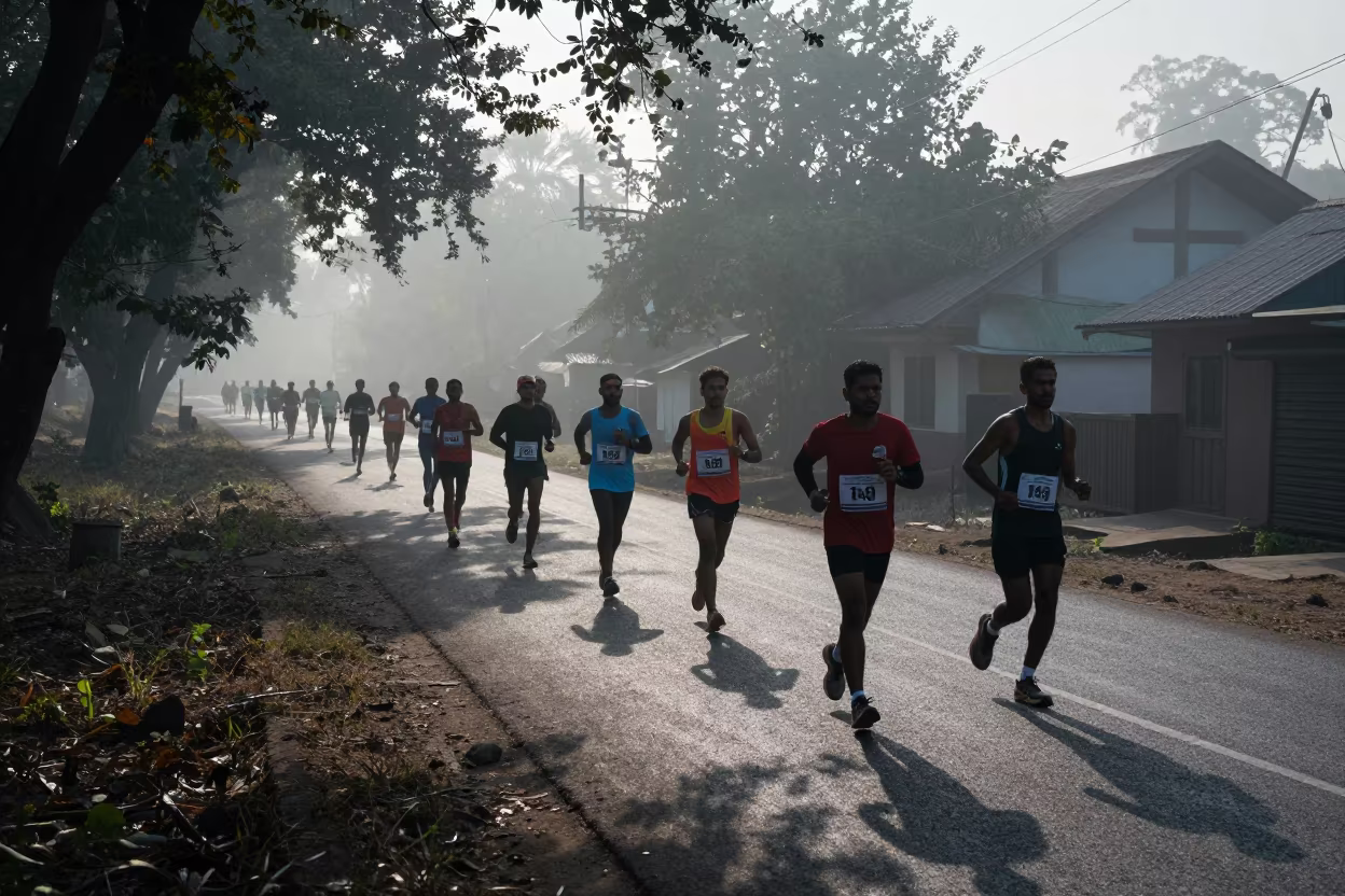 Marathon Runners in Mist at Dawn in Veraval in in a village lane near Veraval