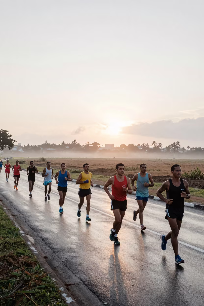 Marathon runners in Natal dawn light in near open fields near Natal