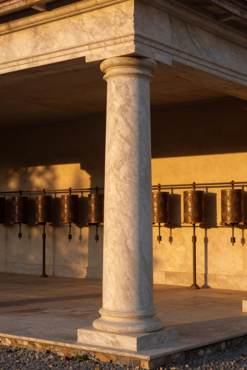Marble Column in Amber Golden Hour Light in beside a prayer wheel corridor in Xixón