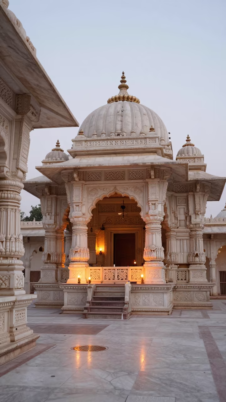 Marble Filigree in Candlelit Jain Temple Nave in inside a candlelit nave in Jaipur