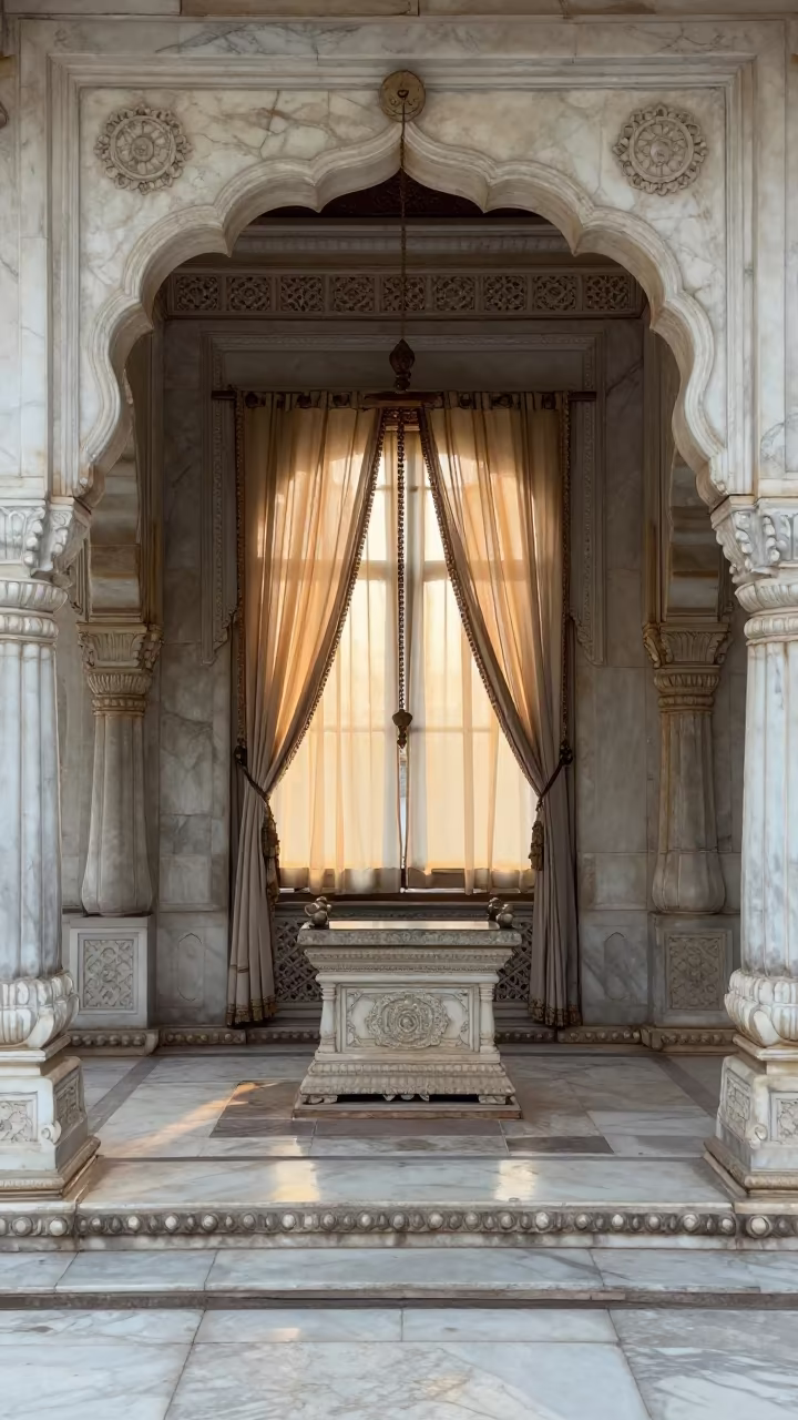 Marble Filigree in Jaipur Jain Temple Morning Light in at the foot of a stone altar in C-Scheme, Jaipur
