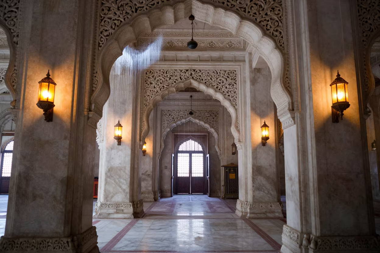 Marble Filigree in Varanasi Mosque Lantern Light in in a mosque prayer hall in Varanasi