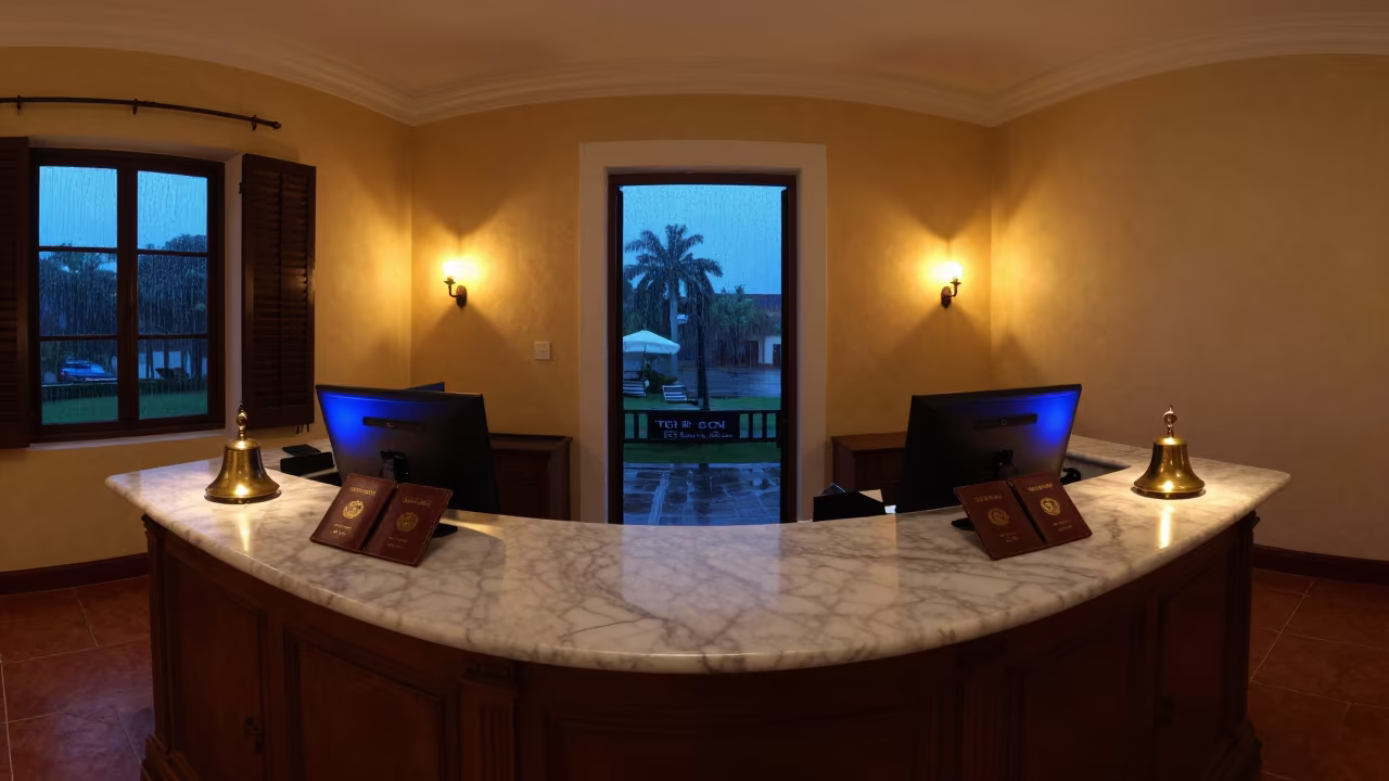 Marble Front Desk in Campeche Banquet Hall at Twilight in inside a banquet hall before service in Campeche