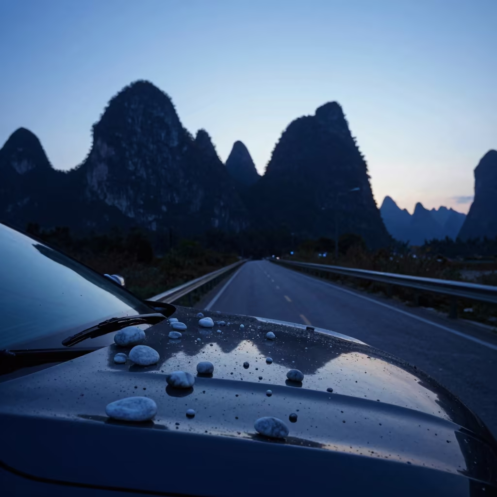 Marble Hailstone on Car Hood Blue Hour Silhouette in along a switchback approach near Zhangjiajie