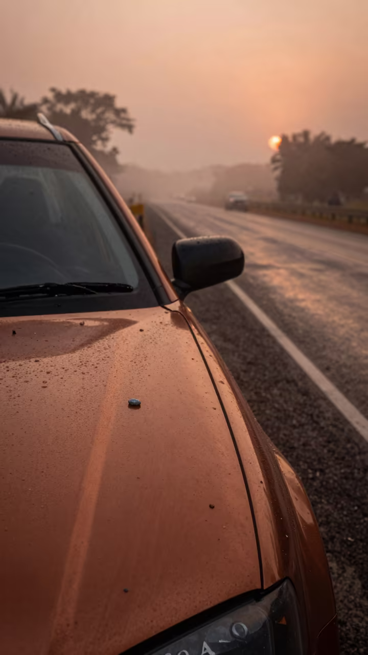 Marble Hailstone on Car Hood Congo Dusk in on a wind-open causeway in Congo