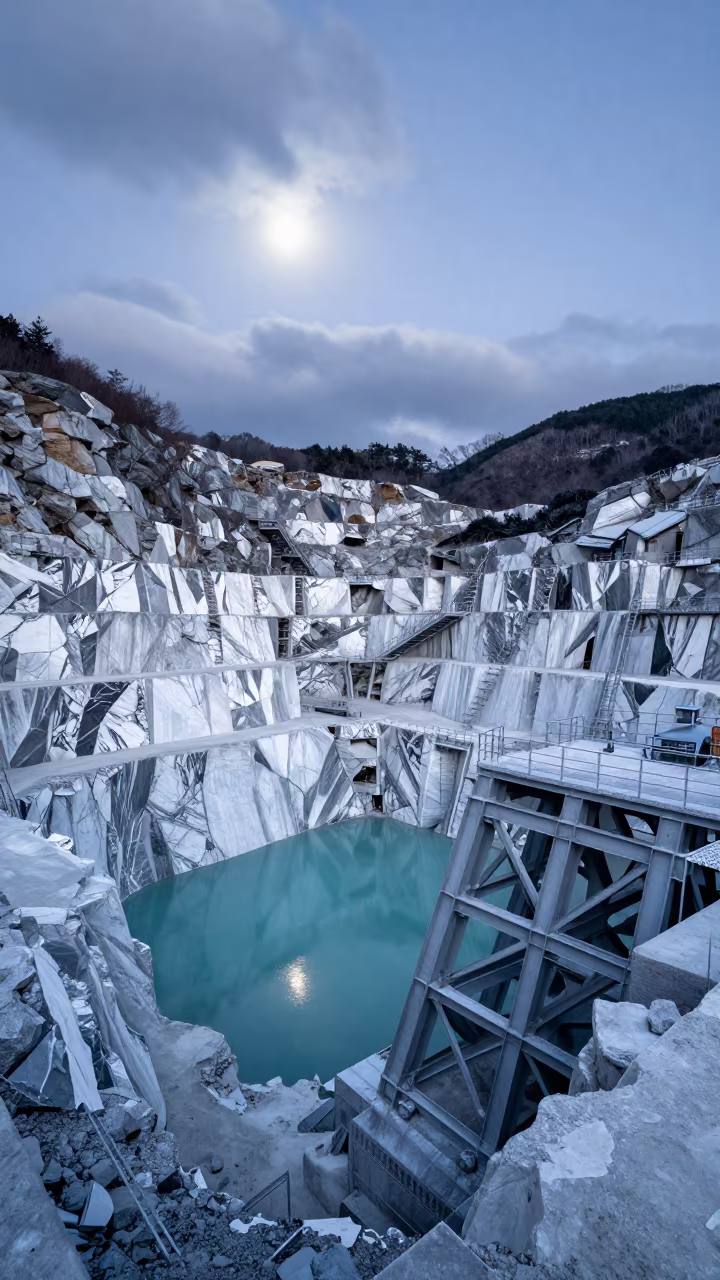 Marble Quarry Moonlight Steel Tohoku Dawn in beside exposed structural steel in Tohoku