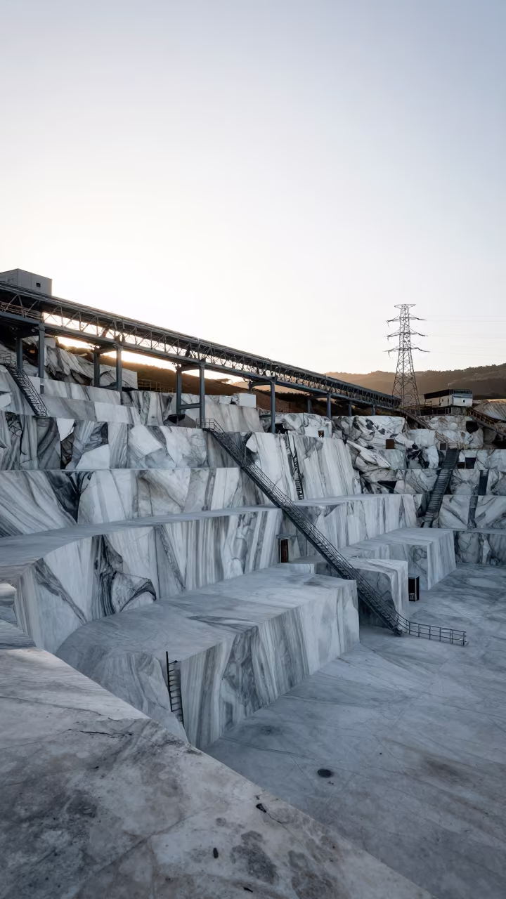 Marble Quarry Walls Under Morning Light in under gantries and utility towers near Cape Town