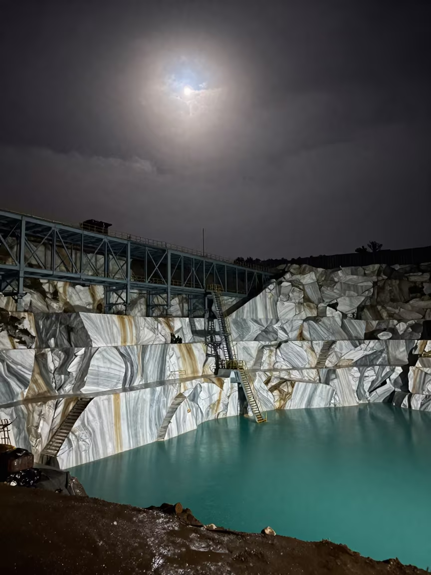 Marble Quarry Walls Under Rainy Night Sky in beside exposed structural steel near Windhoek